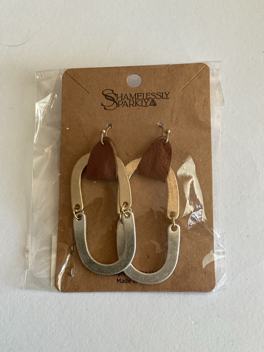 Shamelessly Sparkly Mixed Metal‎ & Brown Leather Drop Earrings